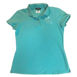 Express Women Polo Shirt Size M Teal Blue Short Sleeve Stretch Embroidered Lion